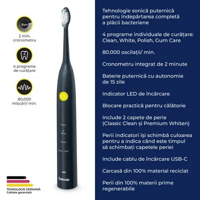 Periuta de dinti electrica sonica Jet Black Green Planet SC30 Beurer