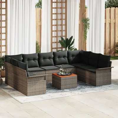 Set de canapea pentru gradina Gossi cu 10 piese si pernite gri rattan poliester acacia, canapea pentru gradina Gossi cu 2 locuri cu spatiu de stocare si pernite gri rattan poliester