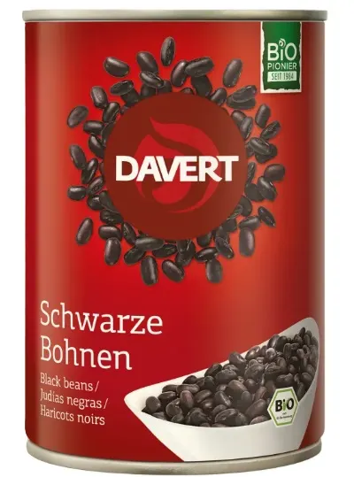 Fasole neagră bio, conservă, 400 g, Davert