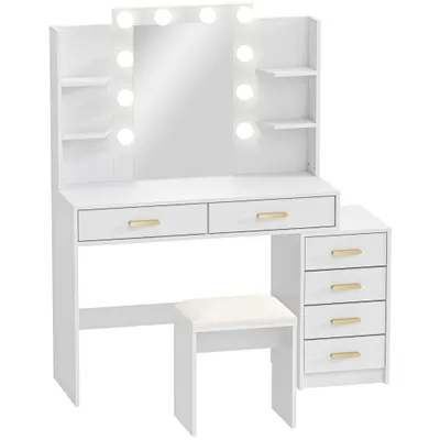 HOMCOM Masă de machiaj cu oglindă iluminată și taburet tapițat, set de machiaj cu 6 sertare și rafturi, Alb | Aosom Romania