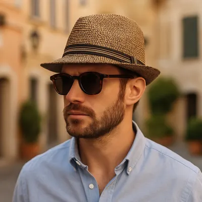 Pălărie de plajă bărbați Aristo, maro, stil fedora, cu bandă decorativă, ușoară și respirabilă, protecție solară, diametru 27 cm