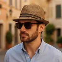Pălărie de plajă bărbați Aristo, maro, stil fedora, cu bandă decorativă, ușoară și respirabilă, protecție solară, diametru 27 cm