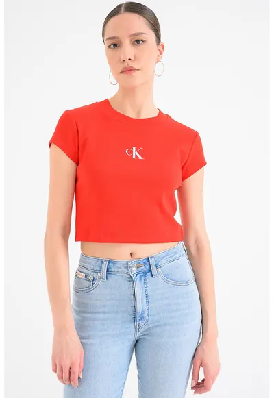 Tricou crop cu aspect striat - Rosu vermillion