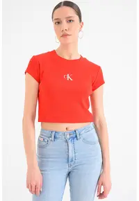 Tricou crop cu aspect striat - Rosu vermillion