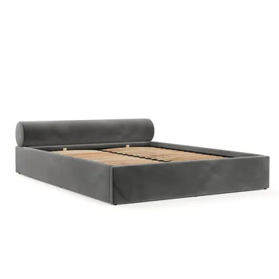 Pat matrimonial gri închis tapițat cu spațiu de depozitare cu somieră 160x200 cm Solvo – Maison de Rêve