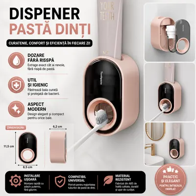 Dispenser, dozator pentru pasta de dinti, prindere pe perete