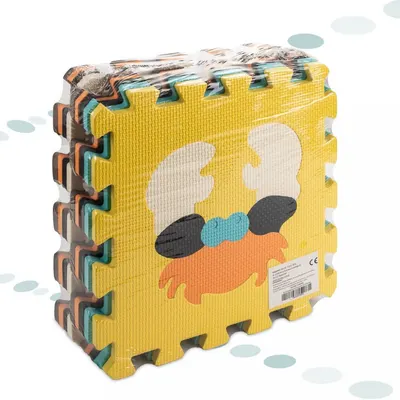 Covoras puzzle din spuma pentru copii Ikonka Cute Animals, compus din 9 piese, in husa cu fermoar
