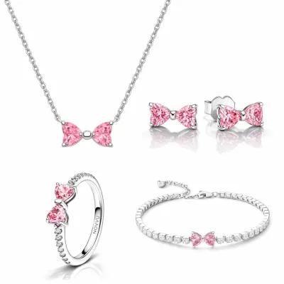 Set bijuterii Inel,Cercei,Bratara si Colier Pink Bow Cu Argint