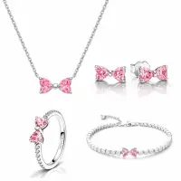Set bijuterii Inel,Cercei,Bratara si Colier Pink Bow Cu Argint