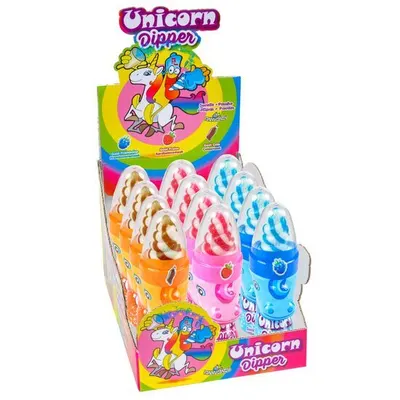 Funny Candy - Set 12 Acadele cu gust de fructe sau cola Funny Candy Unicorn Dipper 50g Engros