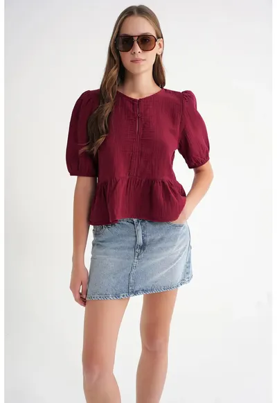 Bluza dama HiCCUP din muselina - burgundy - cu guler rotund si inchidere cu nasturi