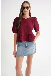 Bluza dama HiCCUP din muselina - burgundy - cu guler rotund si inchidere cu nasturi