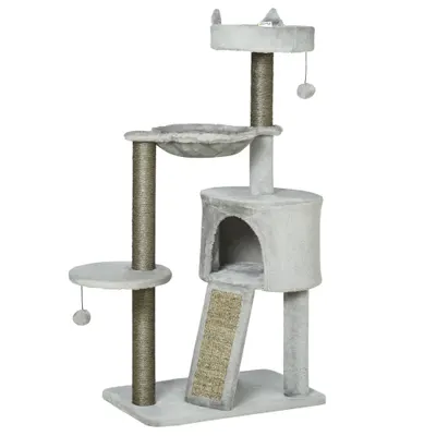 Pawhut zgârietor incl. căsuță pentru pisici, pat pentru pisici, hamac și jucărie 60 cm x 40 cm x 113 cm, Gri deschis | Aosom Romania