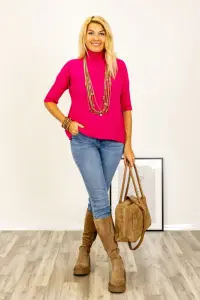 Pulover versatil cu maneci scurte ribbed si guler inalt, din vascoza, fucsia