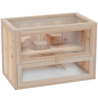 Pawhut Cuscă pentru Hamsteri și mici Rozătoare din Lemn de Brad 60x35x42cm