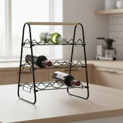 Suport pentru 9 sticle de vin, din metal negru cu mâner din lemn