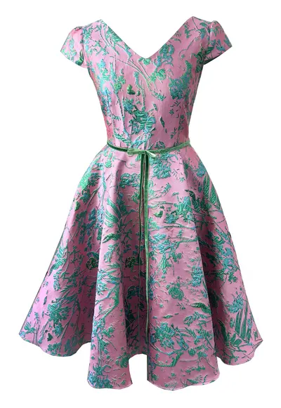 Rochie midi din brocart Carla - Turcoaz/Roz flamingo