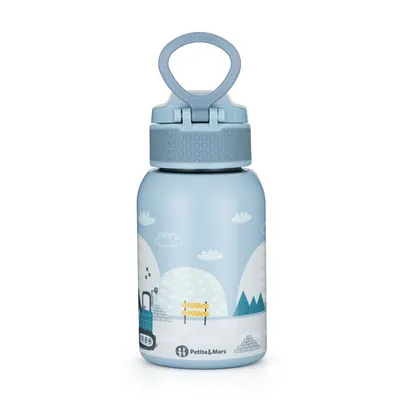 Sticla termos lichide, Petite&Mars, Work Zone, Din otel inoxidabil, Cu mentinere de temperatura calda pana la 12 h, Rece pana la 24 h, 350 ml, Fara BPA, Cu maner de transport, 12 luni+, Albastru
