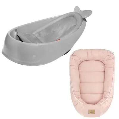Set Cadita inteligenta, Skip Hop, Pentru 3 etape de crestere, Gri si cosulet bebelus, Qmini, 55 x 75 cm, Husa 100% muselina dubla, Pink