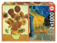 Set de 2 puzzle-uri din câte 1000 de piese - Floarea soarelui si Terasa cafenelei noaptea (Van Gogh)