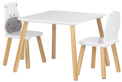 Set pentru copii Chipolino - Masă cu două scaune, MDF, hipopotam și leu