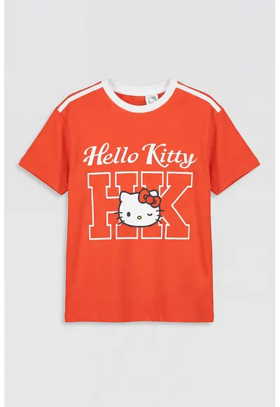 Tricou din bumbac cu tematica Hello Kitty - Alb optic/Rosu vermillion