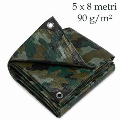 Prelata impermeabila 5x8 m, inele de fixare, rezistenta la intemperii, 90 g/mp, Army