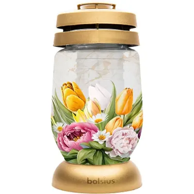 Candela din Sticla 3 l, Model Floral, Aurie, 36 Ore, Bolsius