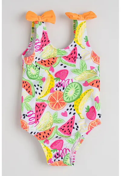 Costum de baie cu imprimeu cu fructe - Alb/Fucsia/Verde neon