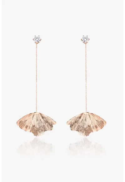 Cercei long Ginkgo din argint placat cu aur 18k si zirconia - Design