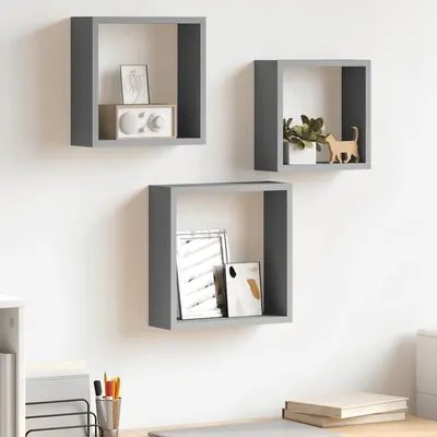 vidaXL Rafturi cub de perete, 3 buc., gri, MDF