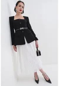 Rochie midi cu model 2in1 si curea - Negru/Alb murdar