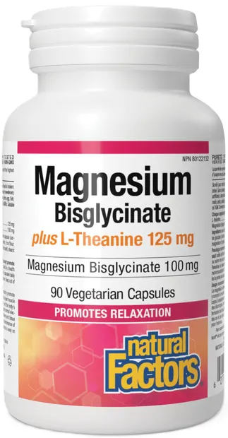 Magnesium Bisglycinate + L-Theanine, 100 mg/120 mg, 90 capsule, Natural Factors