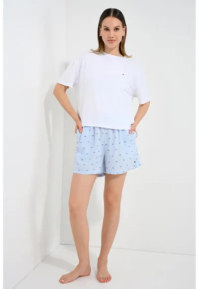 Pijama lejera cu logo discret - Alb/Albastru