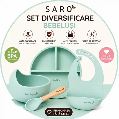 Set diversificare bebelusi Saro Verde farfurie din silicon, bol cu ventuza, baveta, lingurita ergonomica si cana pentru antrenament