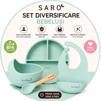 Set diversificare bebelusi Saro Verde farfurie din silicon, bol cu ventuza, baveta, lingurita ergonomica si cana pentru antrenament