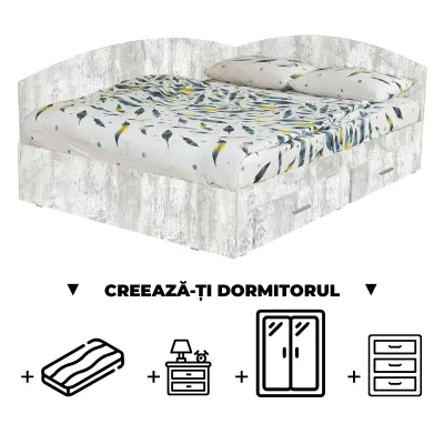 Creeaza-ti Dormitorul ALMA, pin antichizat, de la Pat Colt Alma 140x200 cm, cu 2 sertare laterale pe role, adauga Saltea, Noptiere, Comoda, Dulap