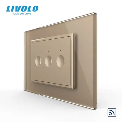 Intrerupator triplu tactil, control telecomanda RF, standard italian, cu rama sticla, 3M Auriu