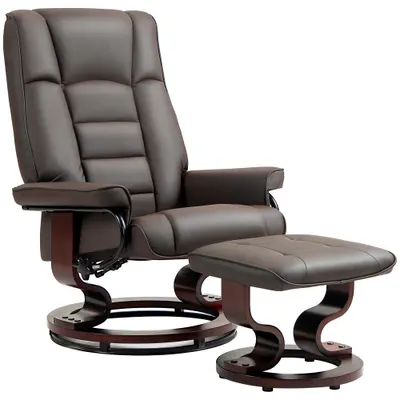 HOMCOM Fotoliu de relaxare cu taburet, rotativ & inalt reglabil, piele ecologică, până la 150 kg, cadru din lemn, Maro | Aosom Romania