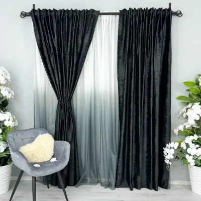 Set 2 Draperii Catifea cu model Venti, Negru, 140cm latime x 260cm inaltime, cu tiv lat pt bara