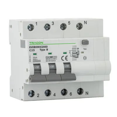 Disjunctor cu protectie diferentiala, 4P, 5 mod., curba B B32A, 30 mA, 6kA, B