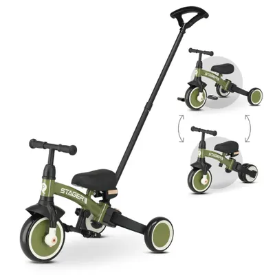 Tricicletă Qplay Stager cu Mâner pentru Împingere - Tricicletă 3 în 1 - Verde