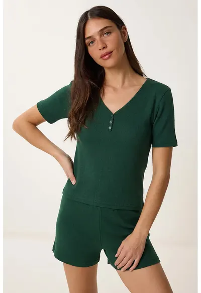 Set pijamale femei - Happiness Istanbul - decolteu in V - verde smarald - 95% bumbac - 5% elastan