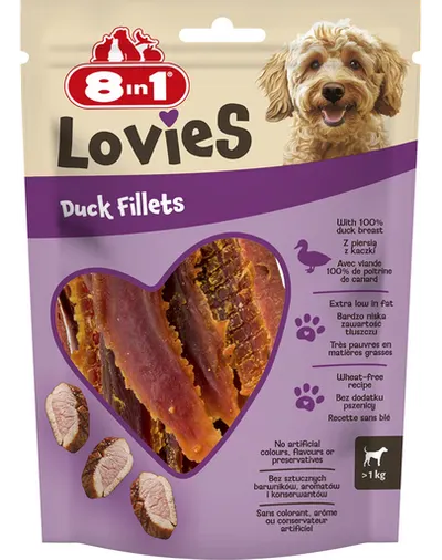 8IN1 Lovies Duck Fillets 80 g recompensă pentru câini cu file de rață