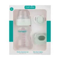 mamajoo Mini set cadou verde praf, Biberon 250ml, Suzeta si cutie de depozitare, 3 buc
