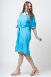 Rochie din in cu snur in talie, albastru azzuro