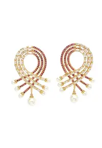 Cercei drop placati cu aur de 18K si decorati cu cristale si perle sintetice - Auriu/Roz
