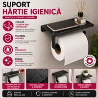 Suport hartie igienica cu raft depozitare telefon sau alte accesorii, Aluminiu, Negru