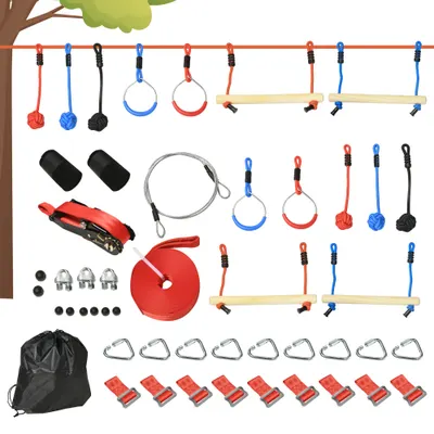 Outsunny Parcurs de obstacole ninja pentru copii, 30 accesorii și sac de transport, slackline 10 m, albastru/negru/roșu | Aosom Romania