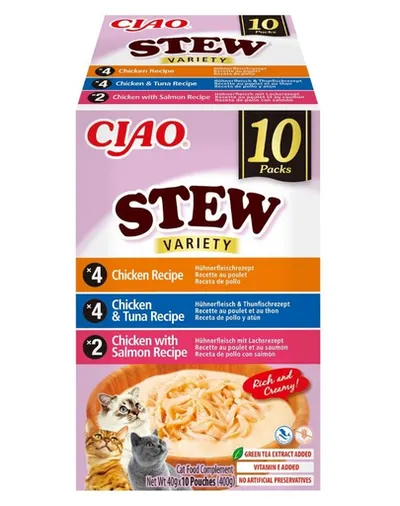 INABA Cat Ciao Stew Creamy Variety 10x40g mix gustări cu pui, ton și somon în sos cremos